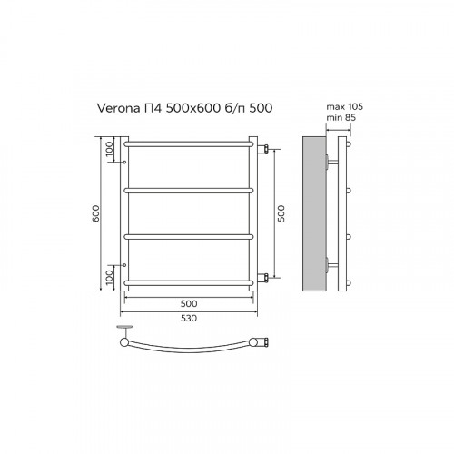 Полотенцесушитель водяной AZARIO VERONA 500/600 4 секции, боковое подключение, 1", хром (AZ04556)