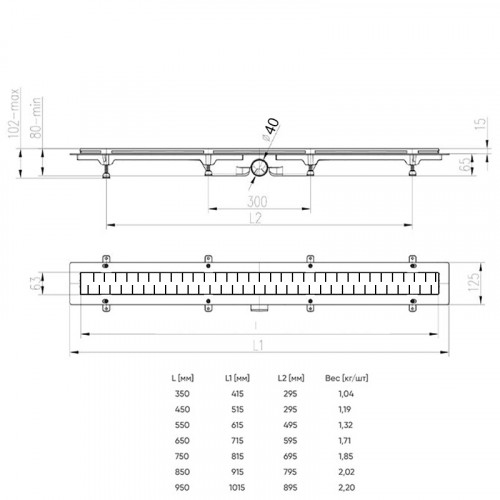 Душевой лоток AZARIO D40 Medium 850 мм, боковой слив, пластиковый, перфорированная решетка, черный (AZ-CH 850 MC)