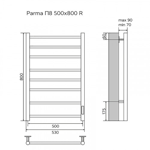 Полотенцесушитель электрический AZARIO PARMA 500/800 8 секций, диммер справа, хром (AZ10858)