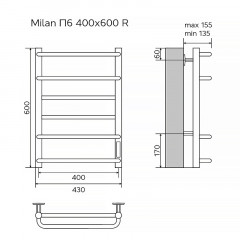Полотенцесушитель электрический AZARIO MILAN 400/600 6 секций, диммер справа, черный (AZ90846B)