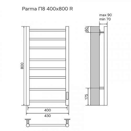 Полотенцесушитель электрический AZARIO PARMA 400/800 8 секций, диммер справа, черный (AZ10848B)