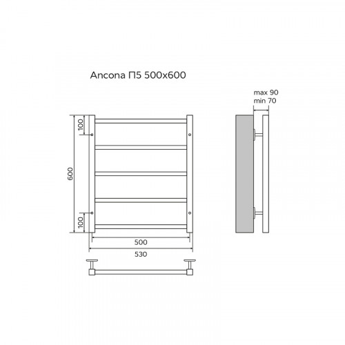 Полотенцесушитель водяной AZARIO ANCONA 500/600 квадрат, 5 секций, нижнее/диагональное подключение, 1/2", хром (AZ75556)