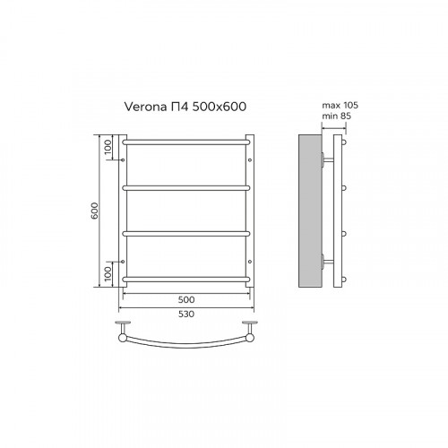 Полотенцесушитель водяной AZARIO VERONA 500/600 4 секции, нижнее/диагональное подключение, 1/2", хром (AZ04156)