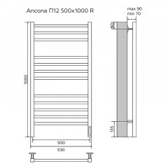 Полотенцесушитель электрический AZARIO ANCONA 500/1000 квадрат, 12 секций, диммер справа, белый (AZ71850W)