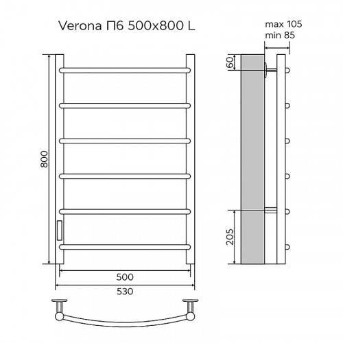 Полотенцесушитель электрический AZARIO VERONA 500/800 6 секций, диммер слева, черный (AZ04758B)