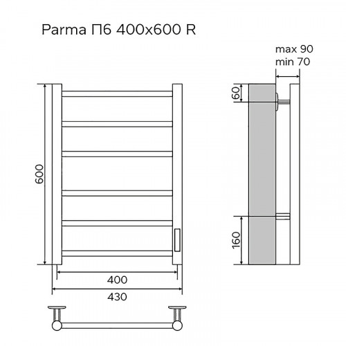 Полотенцесушитель электрический AZARIO PARMA 400/600 6 секций, диммер справа, хром (AZ10846)