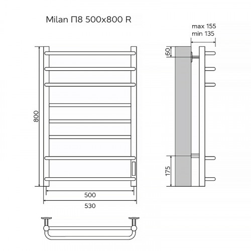 Полотенцесушитель электрический AZARIO MILAN 500/800 8 секций, диммер справа, хром (AZ90858)