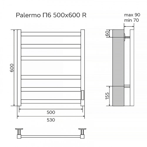 Полотенцесушитель электрический AZARIO PALERMO 500/600 квадрат, 6 секций, диммер справа, черный (AZ83856B)