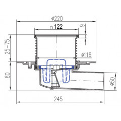 Душевой трап AZARIO DN50 12,2х12,2см, пластиковый, горизонтальный слив, универсальный, решетка из нержавеющей стали (AZ-425 X L)