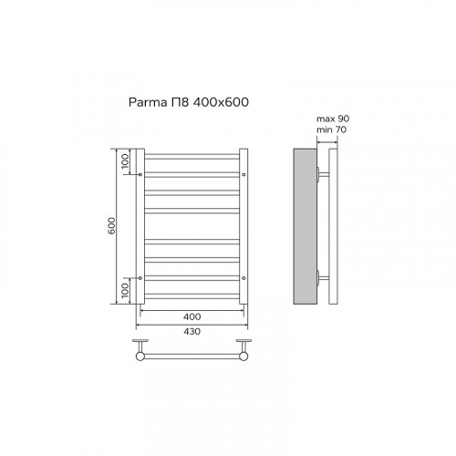 Полотенцесушитель водяной AZARIO PARMA 400/600 8 секций, нижнее/диагональное подключение, 1/2", хром (AZ10146S)
