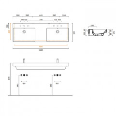 Catalano ZERO Раковина 150x50 двойная, с 2 отв. под смеситель, покрытие Cataglaze+, цвет белый глянцевый