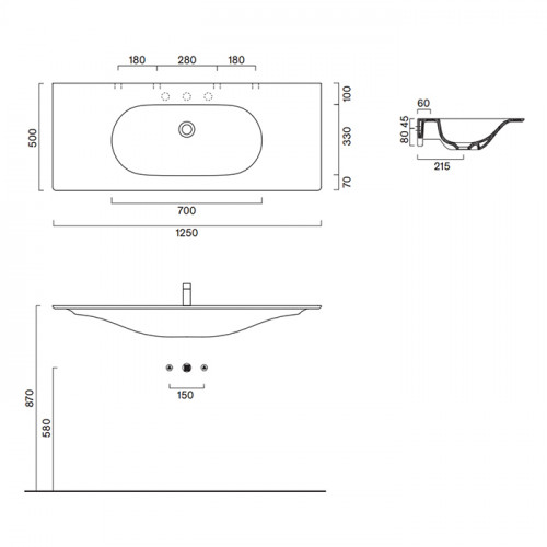 Catalano SFERA Раковина консоль 125x50, с 1 отв. под смеситель, покрытие Cataglaze+, цвет белый глянцевый