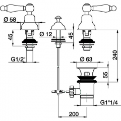 CISAL Arcana Toscana Смеситель для биде на 3 отверстия без излива, с донным клапаном, цвет хром/белый