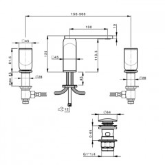 CISAL HI-RISE Смеситель для раковины на 3 отверстия, двухвентильный, в комплекте с донным клапаном Click-Clack, отделка мрамор NeroMarquinia/Oro24K