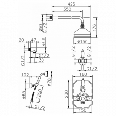 HUBER Victorian Комплект:термостатический смеситель c запорным вентилем,переключатель,верхний душ Easy Clean,ручной душ со шлангом на держателе,вывод,