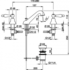 CISAL Arcana Toscana Смеситель для раковины на 3 отверстия, с донным клапаном, цвет золото/белый