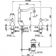 CISAL Arcana Toscana Смеситель для раковины на 3 отверстия, с донным клапаном, цвет золото/белый
