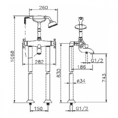 HUBER Victorian Термостат напольный для ванны с ручной лейкой на держателе и шлангом 150 см, цвет никель матовый (акция на товар из наличия)