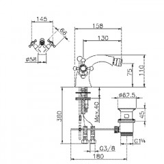HUBER Victorian Смеситель двухвентильный для биде на 1 отверстие с донным клапаном, цвет никель матовый