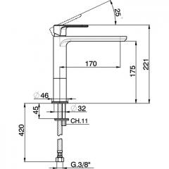 CISAL LineaViva Смеситель однорычажный для раковины на 1 отверстие,высокий h221 мм,без донного клапана, цвет хром