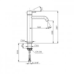 CISAL Less New Смеситель однорычажный для раковины на 1 отверстие,высокий h287 мм,излив 160 мм,без донного клапана, цвет хром