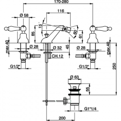 CISAL Arcana Toscana Смеситель для биде на 3 отверстия с донным клапаном, цвет золото/белый