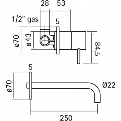 CISAL Xion Смеситель для раковины на 2 отверстия из стены,излив 250 мм,внешняя и внутренняя части в комплекте, цвет нержавеющая сталь