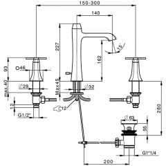 CISAL Cherie Смеситель для раковины на 3 отверстия, с донным клапаном, цвет розовое золото/черный