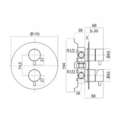 CISAL Xion Встраиваемый однорычажный смеситель для ванны/душа на 2 выхода, внешняя и внутренняя части в комплекте, цвет нержавеющая сталь AISI 304