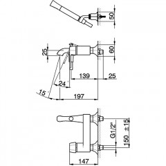 CISAL Cherie Смеситель настенный для ванны/душа с ручной лейкой,держателем и шлангом, цвет хром/черный матовый