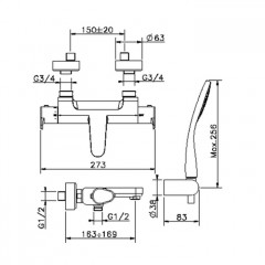 CISAL Alma Смеситель термостатический настенный для ванны/душа с ручной лейкой,держателем и шлангом, цвет хром