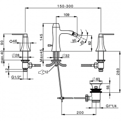 CISAL Cherie Смеситель для биде на 3 отверстия с донным клапаном, цвет хром/черный матовый (акция на товар из наличия)