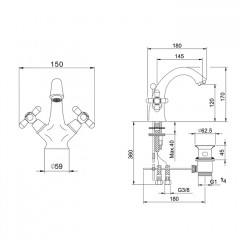 HUBER Croisette Смеситель на раковину на 1 отв, двухвентильный , c донным клапаном, цвет хром (спецЦЕНа с нашего склада!)