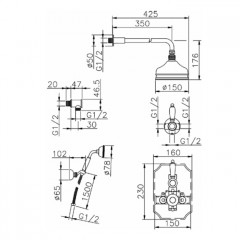 HUBER Victorian Комплект:термостат c запорным вентилем, перекл, верхний душ d200 мм, ручной душ на держателе, цвет хром