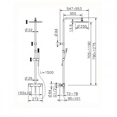 CISAL Less New Настенная душевая система:термостатический смеситель для душа,верхний душ,ручной душ с держателем и шлангом, цвет хром