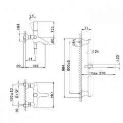 CISAL Vita Комплект для ванны с душем: смеситель+ душевой гарнитур штанга L=664мм, шланг и ручной душ 1 режим, цвет хром