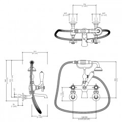 Devon Coventtry Смеситель для ванны настенный на 2 отв. с душевым комплектом , ручки белые,цвет хром