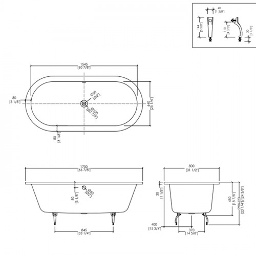 Devon Bayswater Ванна встроенная чугунная овальная 170x80xh46 cм, слив сбоку, цвет: белый ( с комплектом ножек)