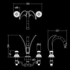 Devon Excelsior Swan Смеситель для раковины на 3 отв., с донным клапаном, цвет: золото 24k/отделка хрусталь