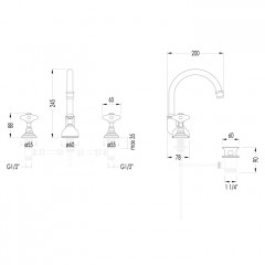 Devon White Rose Смеситель для раковины с высоким изливом на 3 отв., с донным клапаном, цвет: золото