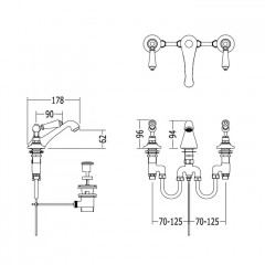 Devon Dandy Смеситель для раковины на 3 отв., с донным клапаном, c ручками белыми, цвет: бронза