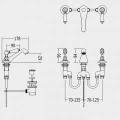 Devon Black Dandy Смеситель для раковины на 3 отв., с донным клапаном, c ручками черными, цвет: хром