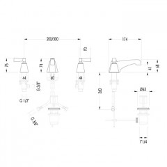 Devon Vip Time Смеситель для раковины на 3 отв. с донным клапаном, ручки из черного хрусталя , цвет хром