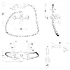 Devon White Rose Смеситель для ванны настенный на 2 отв. с душевым комплектом: шланг+лейка, цвет: золото