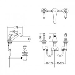 Devon Dandy Смеситель для раковины на 3 отв., с донным клапаном, c ручками белыми, цвет: никель блестящий