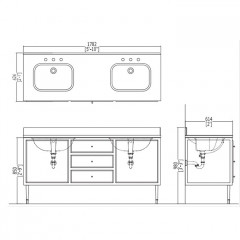 Devon&Devon Jazz 3 Тумба под раковину 178,2 см. с 2мя дверцами и 3мя выдвижными ящиками, фурнитура: золото. Материал - МДФ, снаружи высокоглянцевый ла