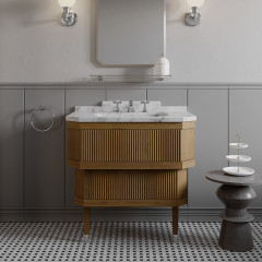 Devon Metropolitan Essenc Тумба под раковину из дуба 88.5х95 см, стол. BIANCO CARRARA, рак. SWINDON на 3 отв белая , ножки хром,цвет мебели ROVERE