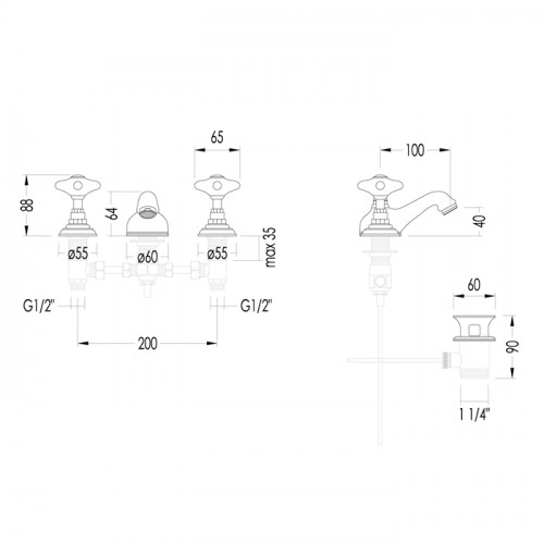 Devon&Devon WHITE ROSE Смеситель для биде на 3 отв.,100мм,с донным клапаном,цвет хром