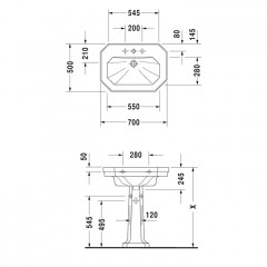 Duravit 1930 Duravit 1930 Раковина с перел., и 3 отв. под смес., 70х50х Н: 20.5см, Цвет: Белый с покрытием WonderGliss