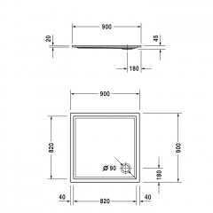Duravit Starck Slimline Поддон акриловый квадратный 900x900х45mm, d90, цвет белый
